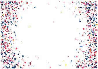 Abstract background with flying red blue silver stars confetti isolated. Blank festive template for usa patriotic holidays