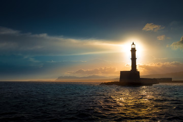 Lighthouse on sunset. Chania, Crete, Greece.