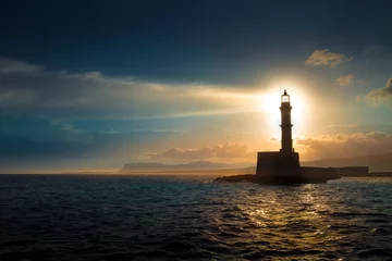 Foto op Canvas Lighthouse on sunset. Chania, Crete, Greece. © Aleh Varanishcha