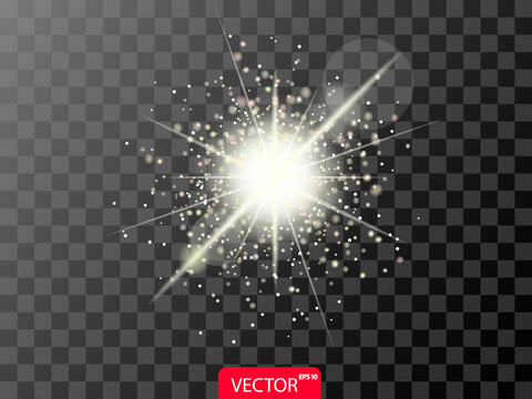 Glowing realistic light effect with sparcles and lens flares on transparent background. Vector illustration.