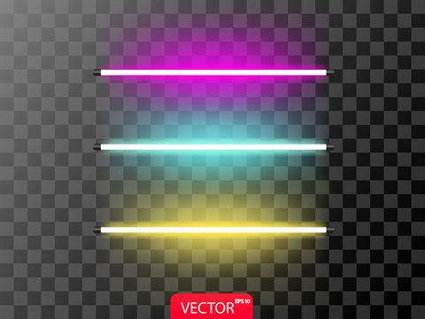 Realistic set of neon line in violet? blue and yellow color. Vector illustration on transparent background.