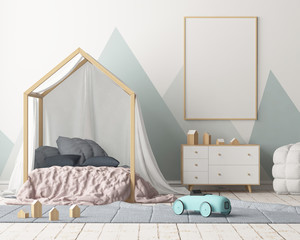 Mock up poster in the children's bedroom with a canopy. Scandinavian style. 3d © shuruev