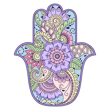 Color hamsa hand drawn symbol. Decorative pattern in oriental style for the interior decoration and drawings with henna. The ancient symbol of the "Hand of Fatima".