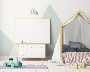 Mock up poster in the children's bedroom with a canopy. Scandinavian style. 3d © shuruev