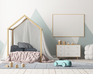 Mock up poster in the children's bedroom with a canopy. Scandinavian style. 3d © shuruev