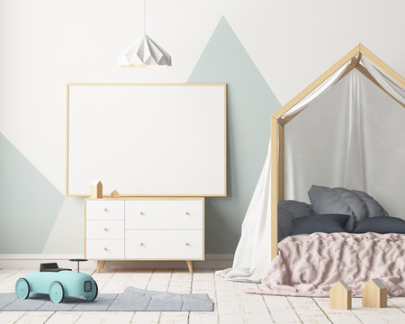 Mock up poster in the children's bedroom with a canopy. Scandinavian style. 3d