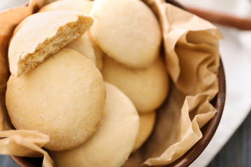 Bowl with homemade lemon cookies, closeup