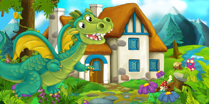 Cartoon scene of a dragon flying near the village - illustration for the children
