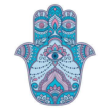 Color hamsa hand drawn symbol. Decorative pattern in oriental style for the interior decoration and drawings with henna. The ancient symbol of the "Hand of Fatima".