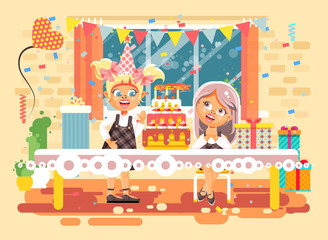 Vector illustration cartoon characters children, friends, two girls celebrate happy birthday, congratulating, giving gifts, huge festive cake with candles flat style on background of window