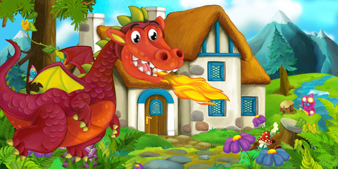 Cartoon scene of an angry dragon flying near the village bursting with fire - illustration for the children