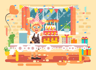 Vector illustration cartoon character child lonely blonde girl celebrate happy birthday, congratulating give gifts, huge festive cake with candles and confetti flat style on background of window