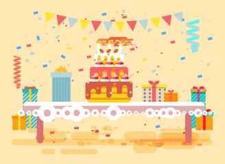Vector illustration huge festive cake with candles on table, confetti, celebrate happy birthday, congratulating, gifts, flat style on beige background element for website, banner, motion design