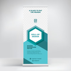 Banner roll-up vector, graphic template for the exhibition stand, for the conference, accommodation advertising information and photos. Business concept, vector background.