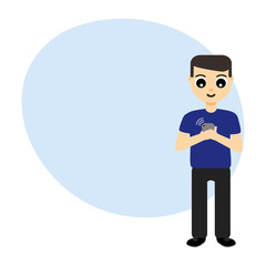 Full portrait of a young man holding mobile phone isolated on a white background. Boy using smartphone. Playing games, chatting design template with place for your text. Cartoon vector illustration.