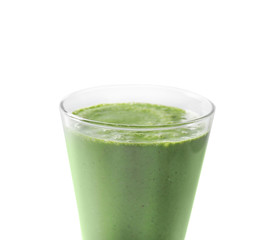 Glass of fresh green smoothie on white background