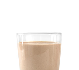 Glass of fresh protein smoothie on white background