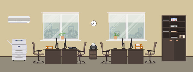 Office room in a beige color. There are tables, chairs, a printer, a copy machine, a cabinet for documents and other objects on a window background in the picture. Vector flat illustration.