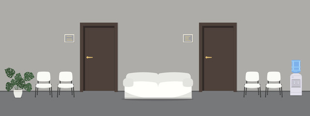 Waiting hall. Corridor. There are white chairs, a water cooler, a big flower, a white sofa near the door in the picture. Vector flat illustration.