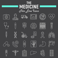 Medicine line icon set, medical symbols collection, healthcare vector sketches, logo illustrations, anatomy signs linear pictograms package isolated on black background, eps 10.