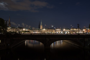 Fototapeta premium nightly panorama of Hamburg - Inner City with full moon
