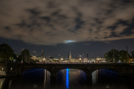 nightly panorama of Hamburg - Inner City with full moon