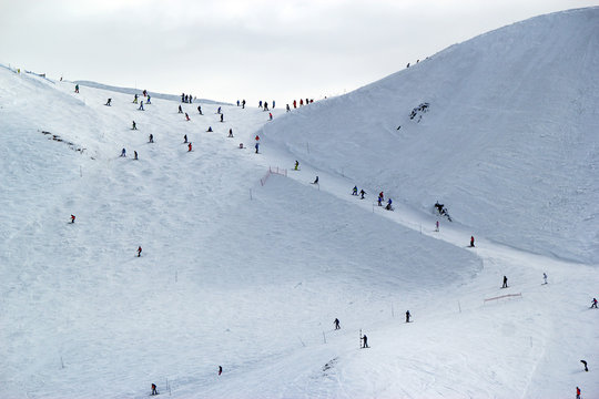 Skiers and snowboarders riding on a ski slope in Sochi mountain resort snowy winter
