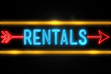 Rentals  - fluorescent Neon Sign on brickwall Front view