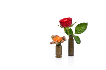 Red rose and orange watercolor flower into a riffle bullets symbolizing flower power against isolated on white