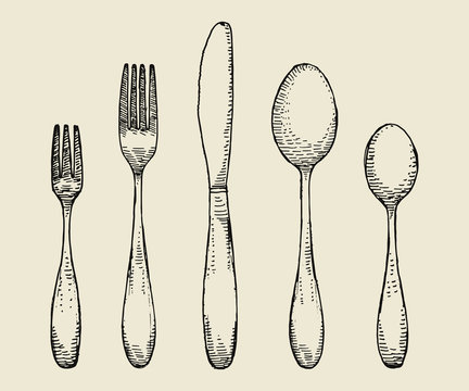 fork spoons and a knife. cutlery vector illustration. hand drawing