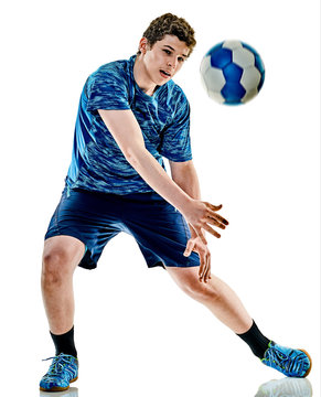 one caucasian handball player teenager boy in studio isolated on white background