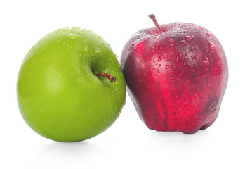 green red apples on  white background