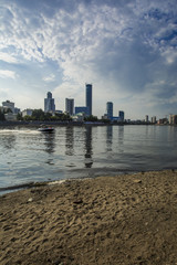 Russia .Ekaterinburg . City pond on the background of Yekaterinburg - city .