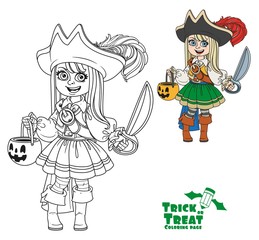 Cute girl in pirate costume with a pumpkin bag for sweets trick or treat color and outlined for coloring page