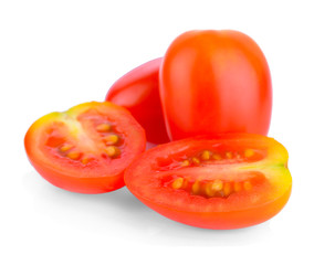 Fresh plum tomatoes on white background with natural shadow