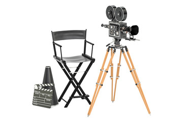 Obraz premium Cinema concept. Movie camera with film reels, chair, megaphone and clapperboard. 3D rendering
