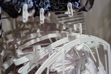 Fashion underwear, clothing hanging on hangers. Closeup on group of accessory, household showroom department