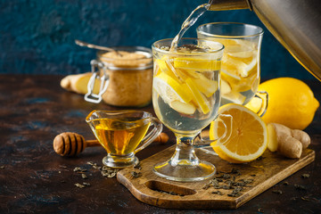 Cup of ginger tea with honey and lemon