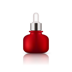 Realistic red glass bottle with silver cap. Empty package for skincare cosmetic - face essence or serum. Blank template of container. Vector mockup isolated on white background.