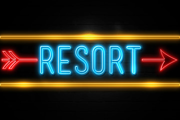 Resort  - fluorescent Neon Sign on brickwall Front view