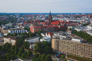 Fototapeta na wymiar Beautiful super wide-angle summer aerial view of Hannover, Germany, Lower Saxony, seen from observation deck of New Town Hall, Hanover