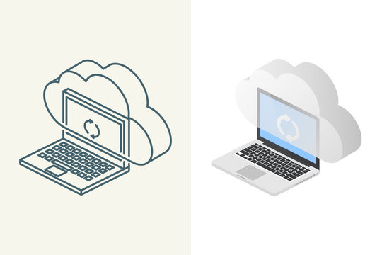 laptop cloud sync, isometric style, data transfer clip art preview