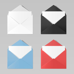 Set of blank color realistic envelopes mockup: white, black, blue, red