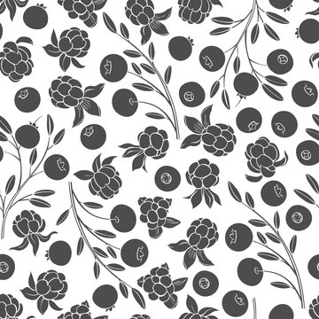 Seamless vector pattern with cranberry and cloudberry. Black silhouettes of berries on a white background. Forest berries.