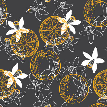 Orange fruit and blossom. Seamless vector pattern.