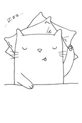 Cute sleeping cat vector hand drawn illustration. Kitty sleeps on pillows in bed
