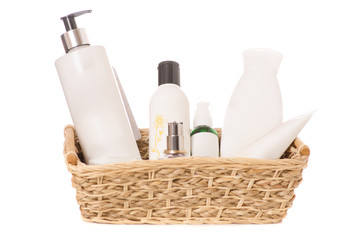 A straw basket with makeup