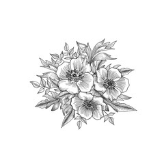 Floral background. Flowers and leaves engraving. Summer flowers