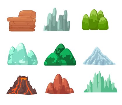 Set Elements of nature mountain profile. Logo in the style of a cartoon and flat. Mountain ranges, hills for background of games. Vector illustration of camping, Hiking on white background isolated.