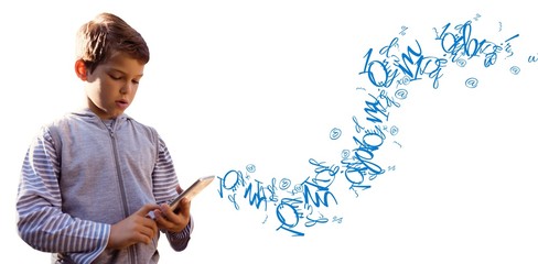 Composite image of boy using digital tablet